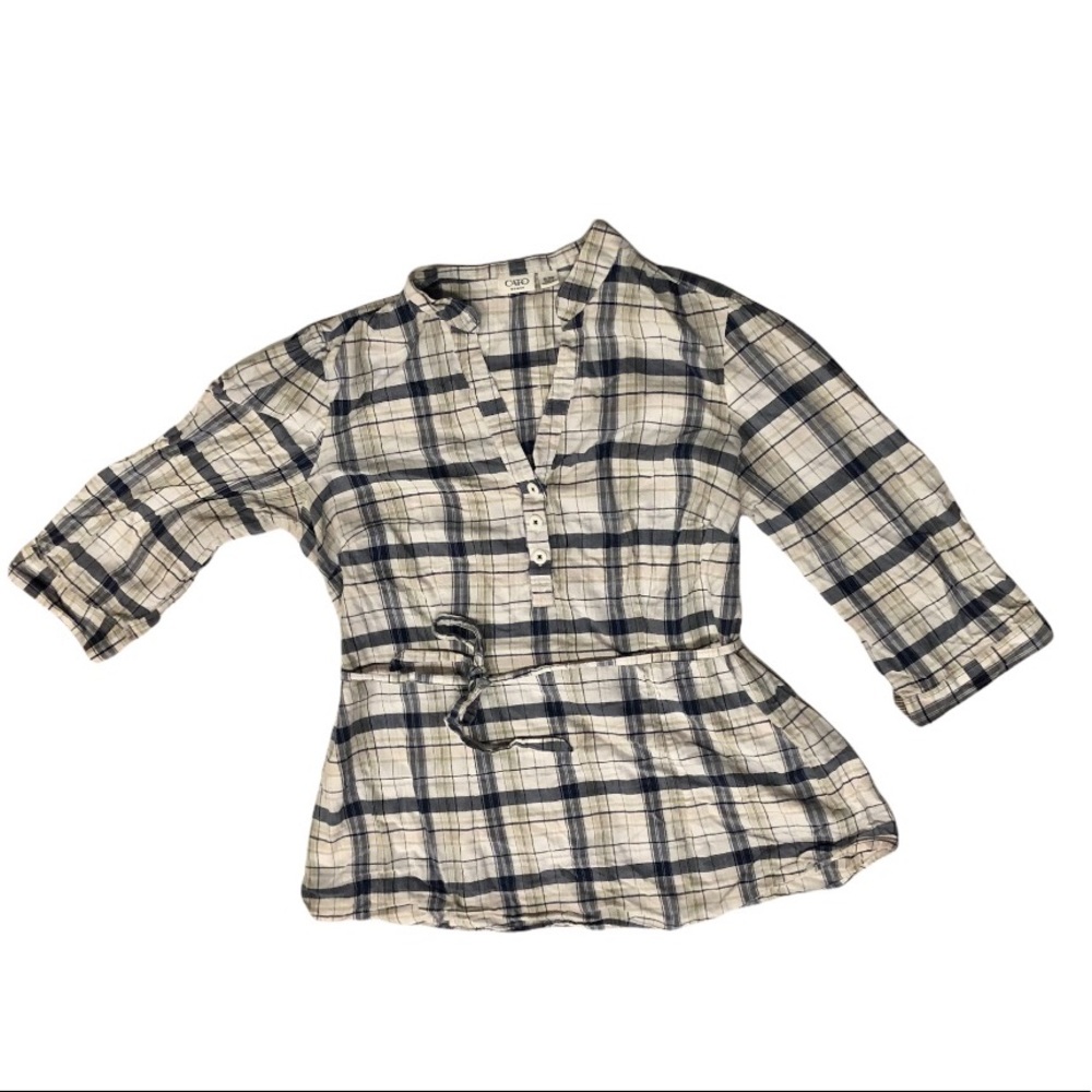 Cato Womens Size 18/20W Tunic Blue Tan Beige Plaid Button Up Shirt Belted Cotton